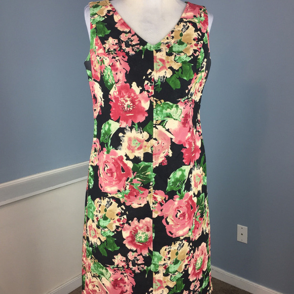 Talbots M 8 Black Pink Floral Shift Dress Career - Picture 2 of 6